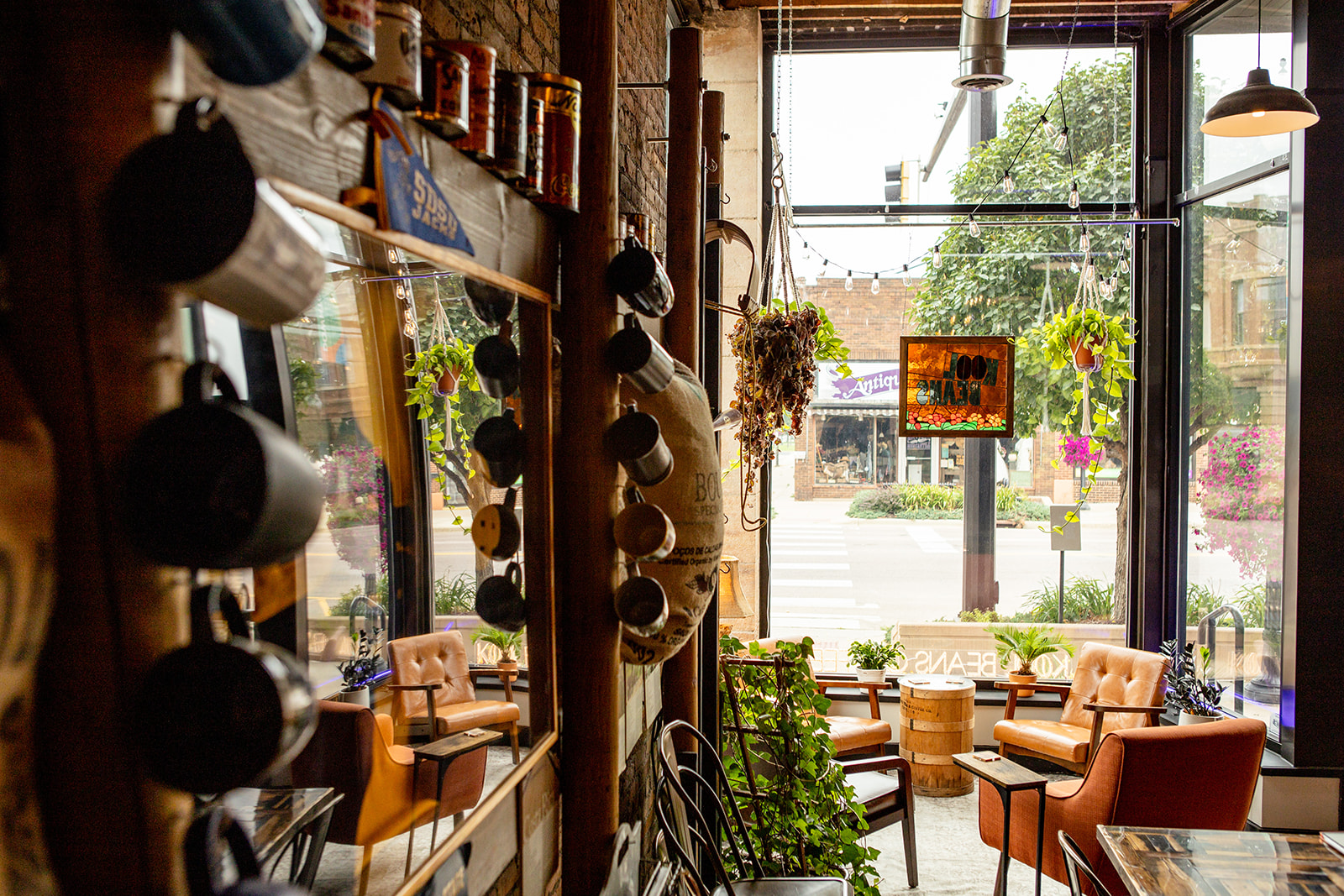 Interior of Kool Beans Coffee and Roasterie featuring a bright window in the background.