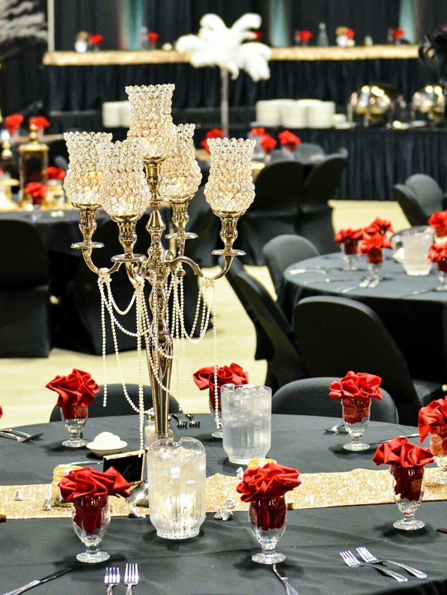 Tables decorated for an event at the Dacotah Bank Center in Brookings