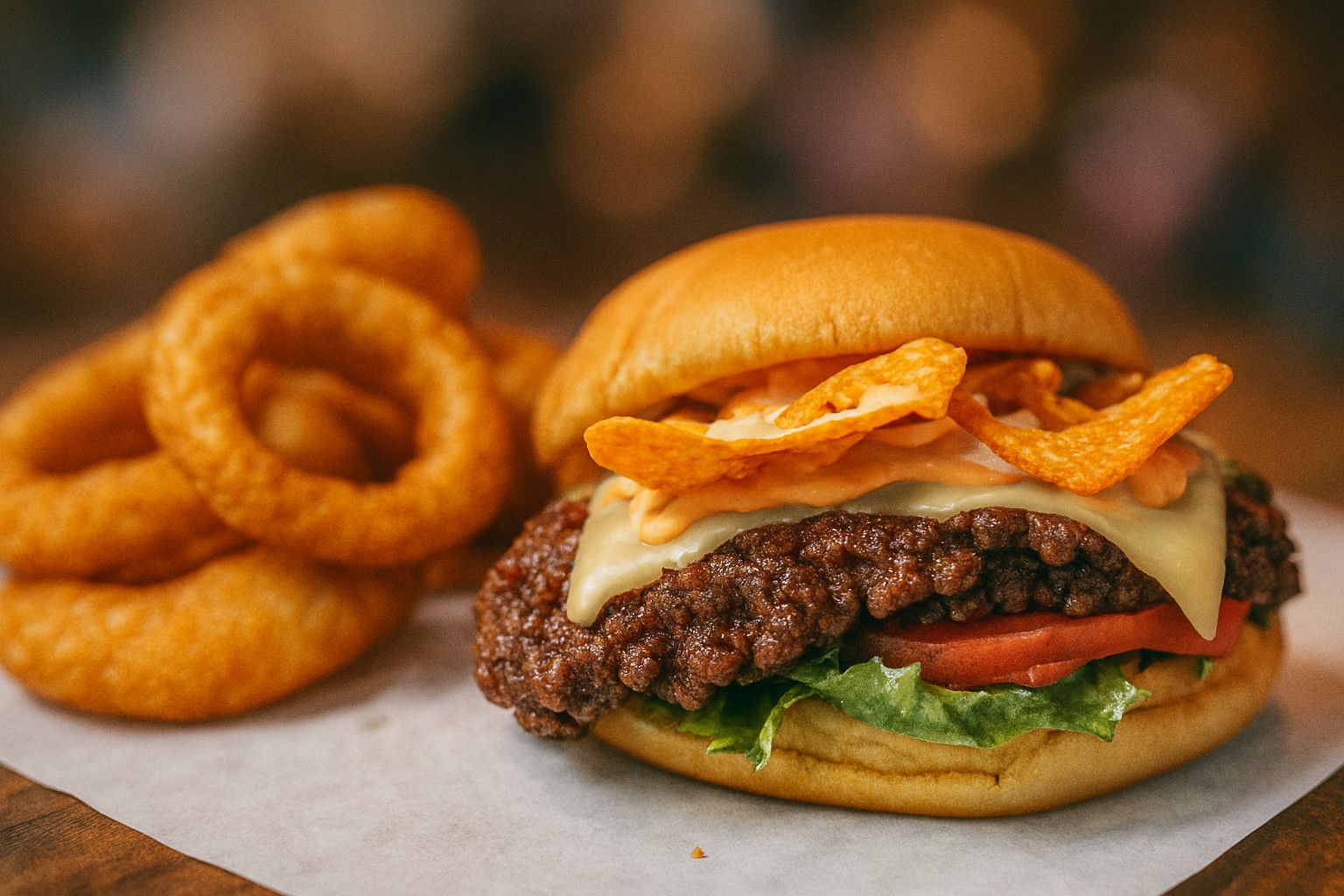 A burger with Dorito's on top served with a side of onion rings